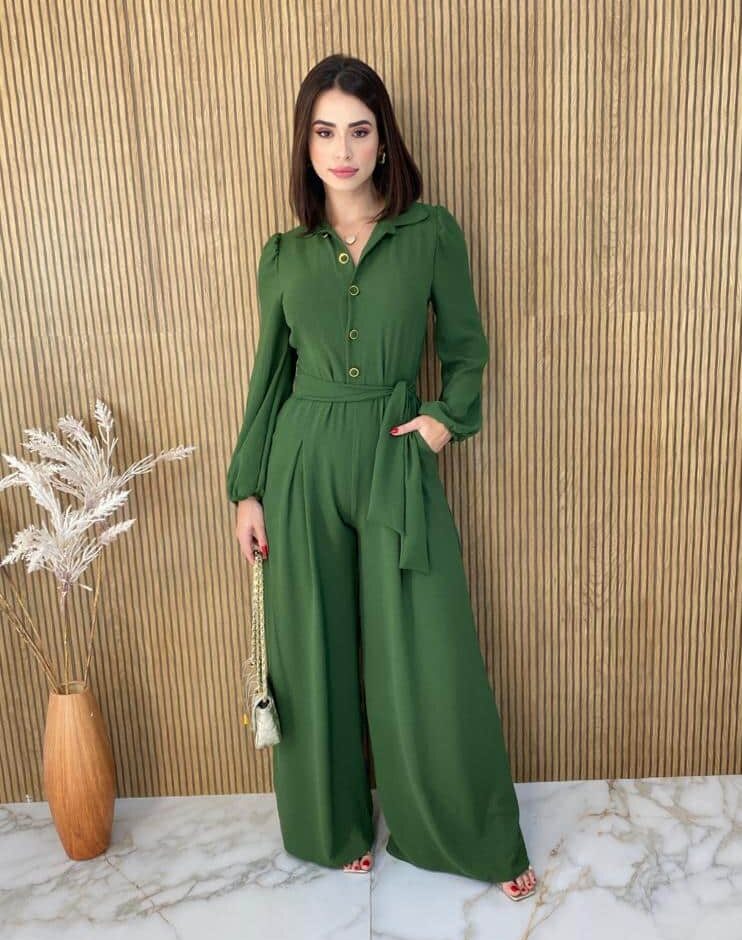 Macacão Feminino sem Bojo Duna Manga Longa com Faixa Verde - Fernanda Ramos Store