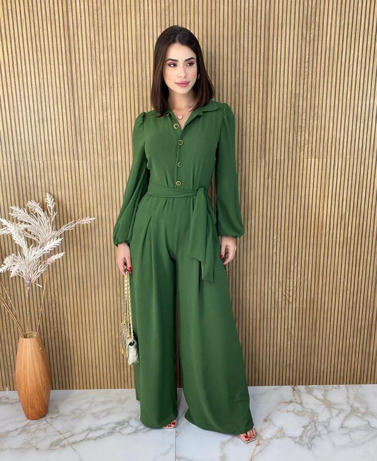 Macacão Feminino sem Bojo Duna Manga Longa com Faixa Verde - Fernanda Ramos Store