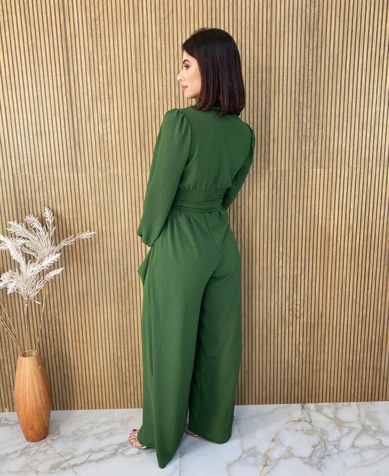 Macacão Feminino sem Bojo Duna Manga Longa com Faixa Verde - Fernanda Ramos Store
