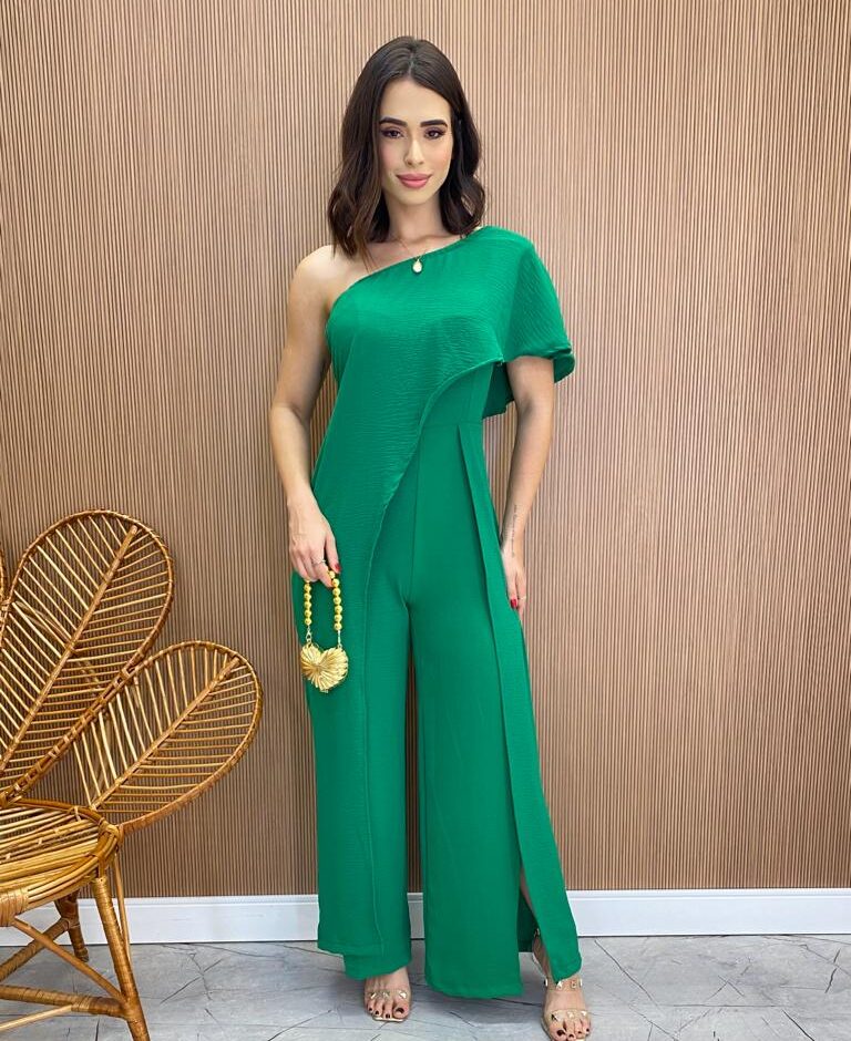 Macacão Feminino sem Bojo Duna Manga Longa com Faixa Verde - Fernanda Ramos Store