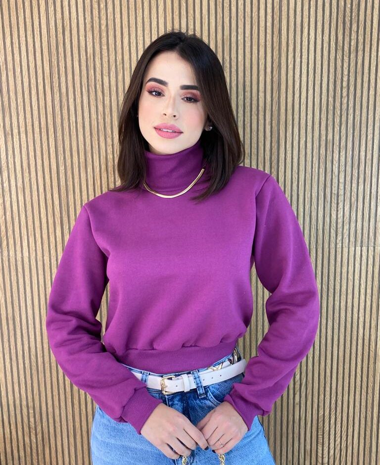 Moletom Flanelado Cropped com Gola Fúcsia - Fernanda Ramos Store