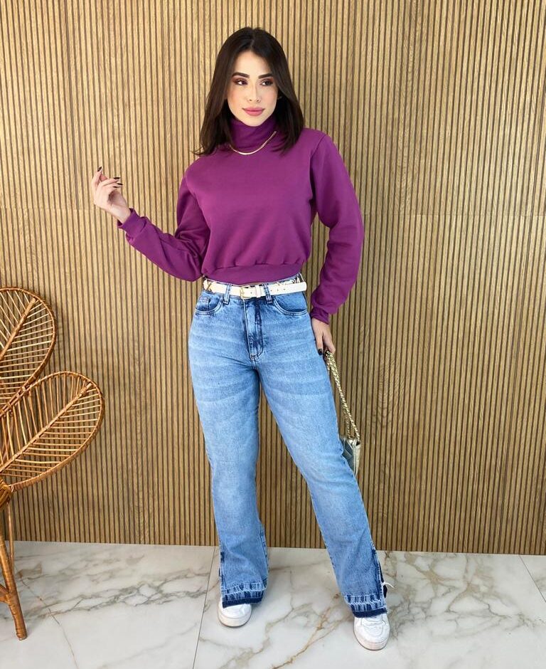 Moletom Flanelado Cropped com Gola Fúcsia - Fernanda Ramos Store