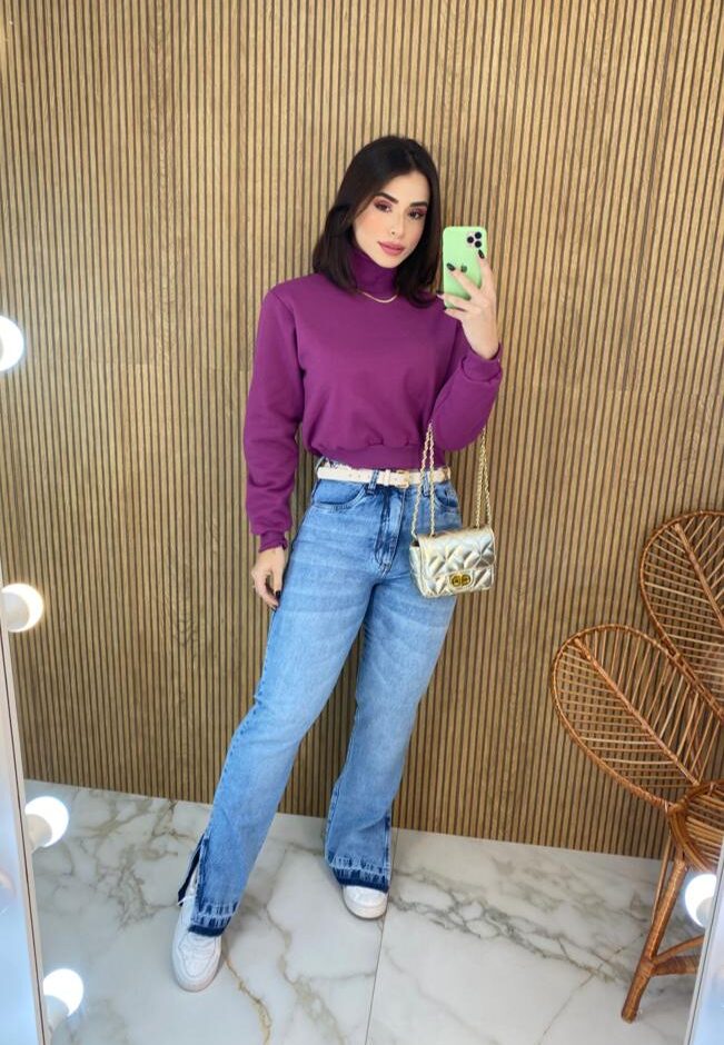 Moletom Flanelado Cropped com Gola Fúcsia - Fernanda Ramos Store