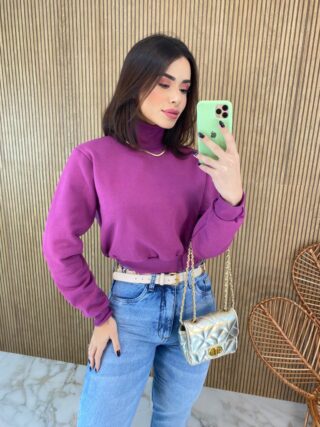 Moletom Flanelado Cropped com Gola Fúcsia - Fernanda Ramos Store