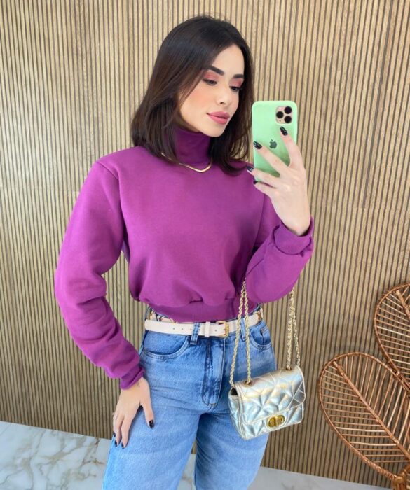 Moletom Flanelado Cropped com Gola Fúcsia - Fernanda Ramos Store