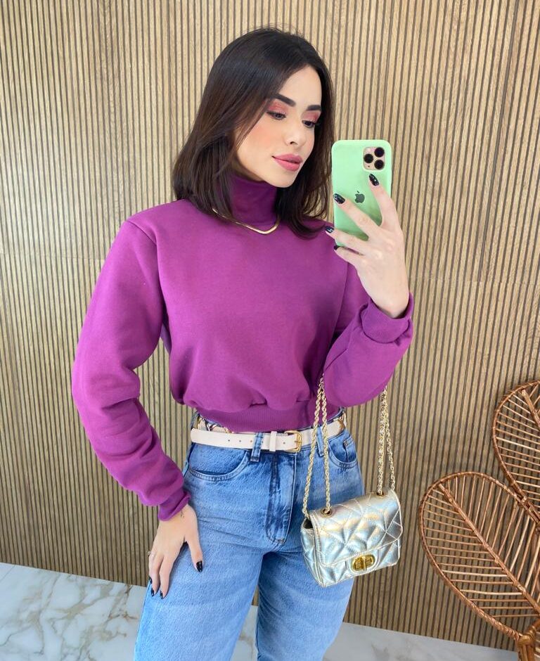 Moletom Flanelado Cropped com Gola Fúcsia - Fernanda Ramos Store