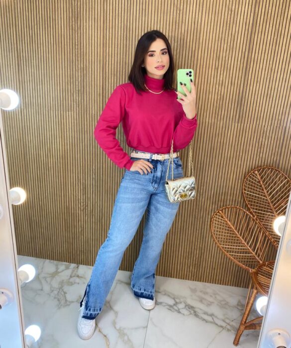 Moletom Flanelado Cropped com Gola Pink - Fernanda Ramos Store