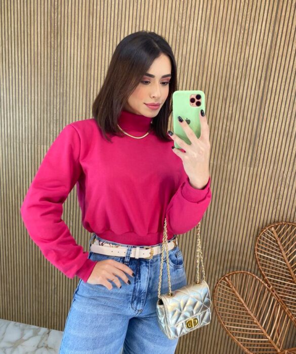 Moletom Flanelado Cropped com Gola Pink - Fernanda Ramos Store