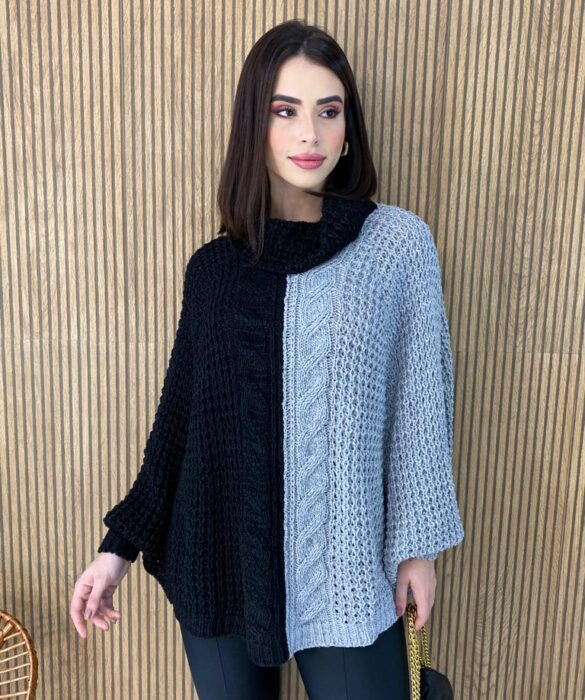 Poncho Feminino Tricot Ayla Preto e Cinza Fernanda Ramos Store