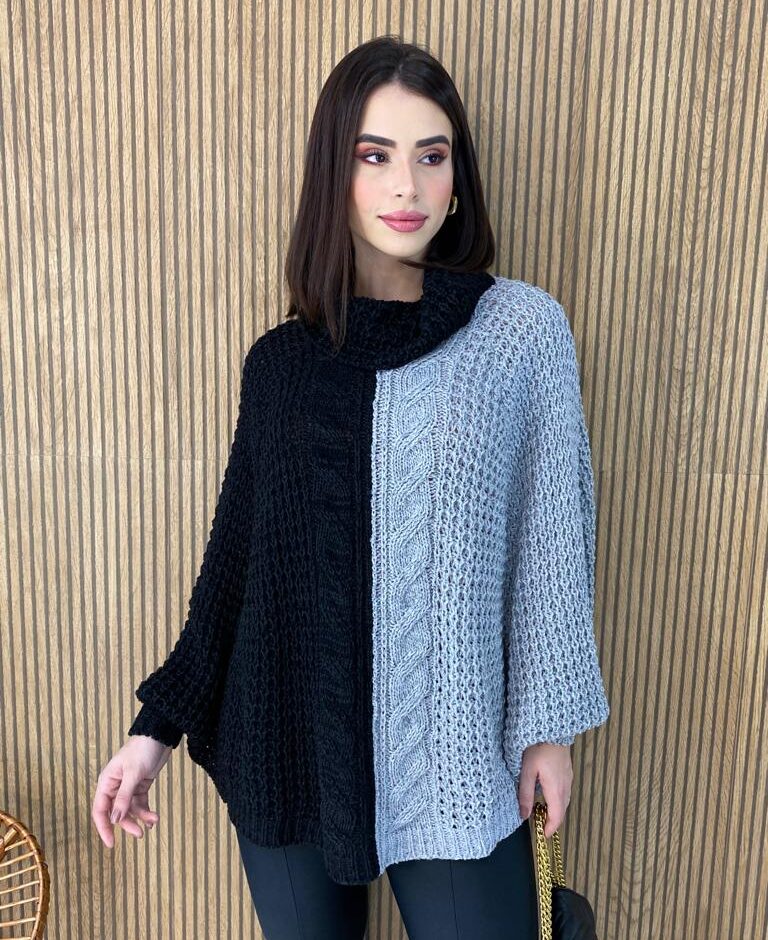 Poncho Feminino Tricot Ayla Preto e Cinza Fernanda Ramos Store