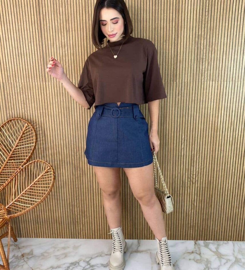 Short Saia Feminino Mari com Cinto Jeans Escuro - Fernanda Ramos Store