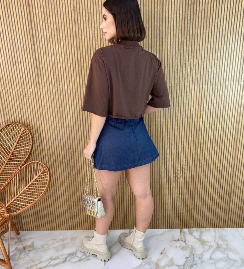 Short Saia Feminino Mari com Cinto Jeans Escuro - Fernanda Ramos Store