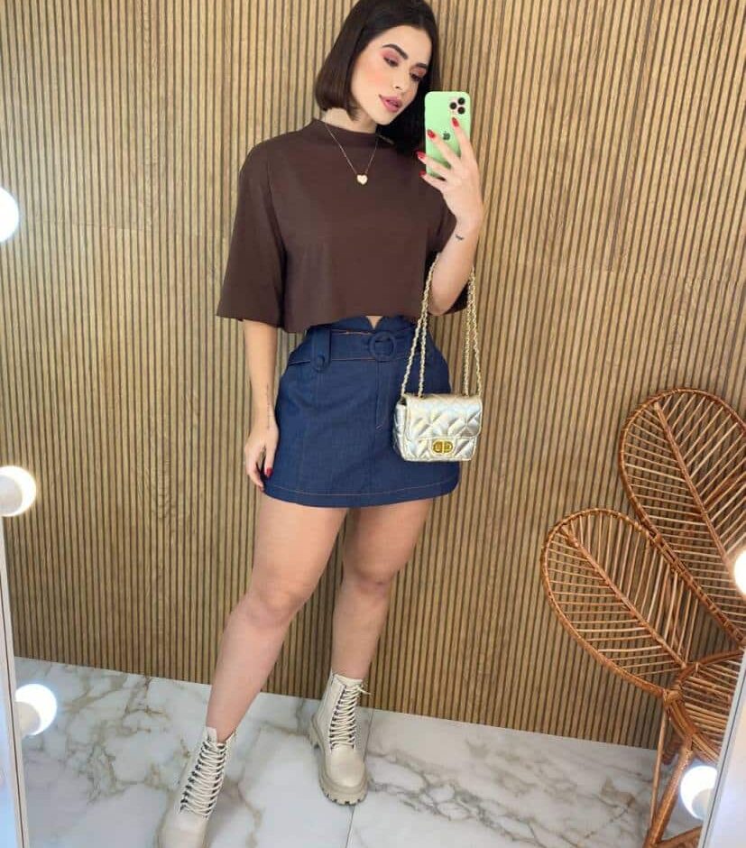 Short Saia Feminino Mari com Cinto Jeans Escuro - Fernanda Ramos Store