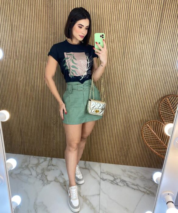 Short Saia Feminino Mari com Cinto Verde Oliva - Fernanda Ramos Store