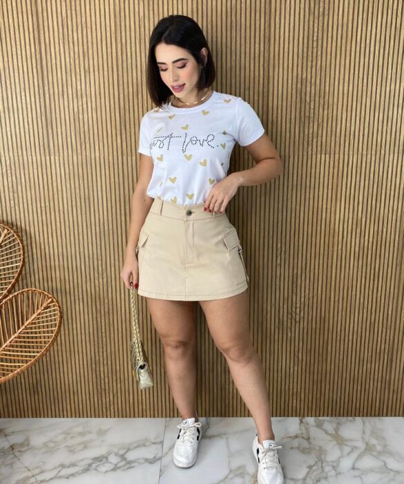 Short Saia Feminino Valentina Bolsos Laterais Bege - Fernanda Ramos Store