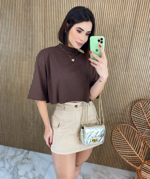 Short Saia Feminino Valentina Bolsos Laterais Bege - Fernanda Ramos Store