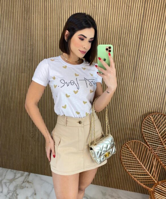 Short Saia Feminino Valentina Bolsos Laterais Bege - Fernanda Ramos Store