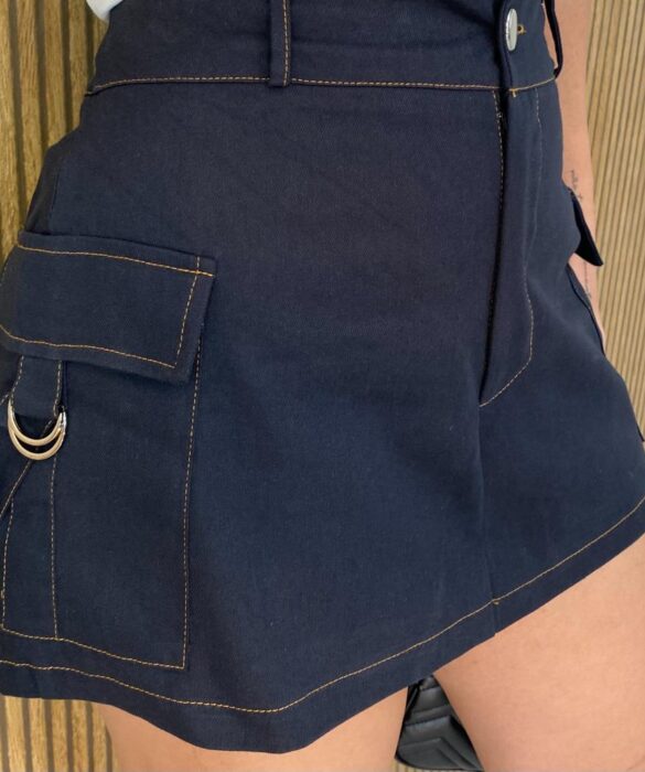 Short Saia Feminino Valentina Bolsos Laterais Jeans Escuro - Fernanda Ramos Store