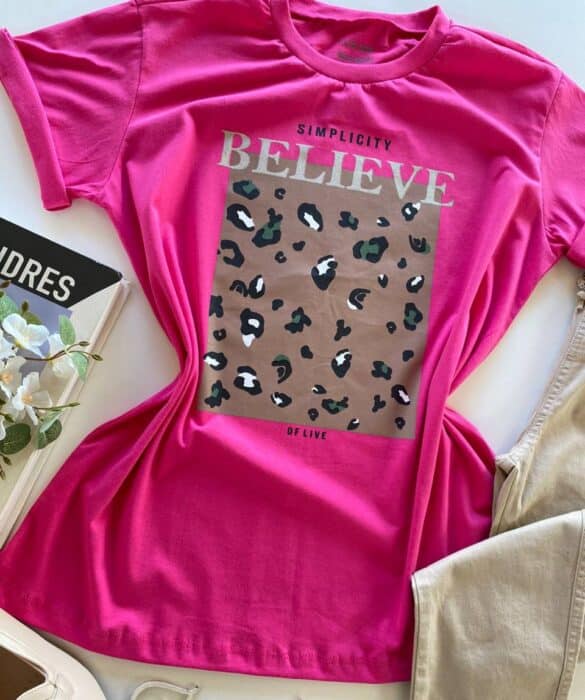 T-shirt Manga Curta Plus Size Simplicity Believe Pink - Fernanda Ramos Store