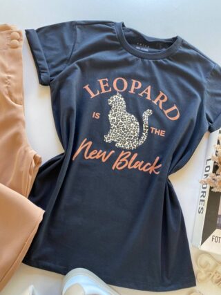 T-shirt Manga Curta Feminina Leopard Animal Print Preta - Fernanda Ramos Store