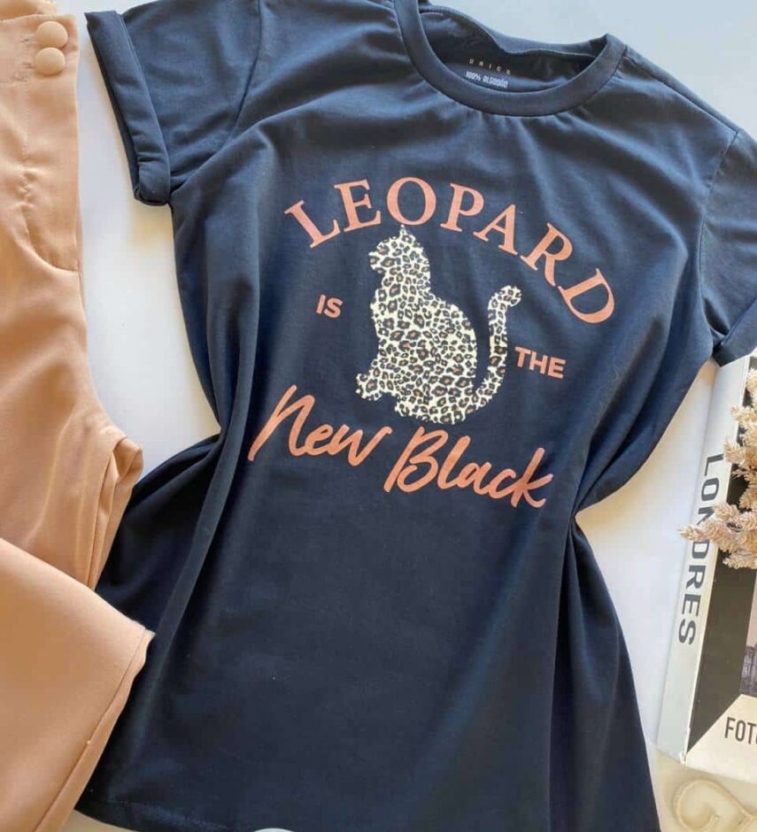 T-shirt Manga Curta Feminina Leopard Animal Print Preta - Fernanda Ramos Store