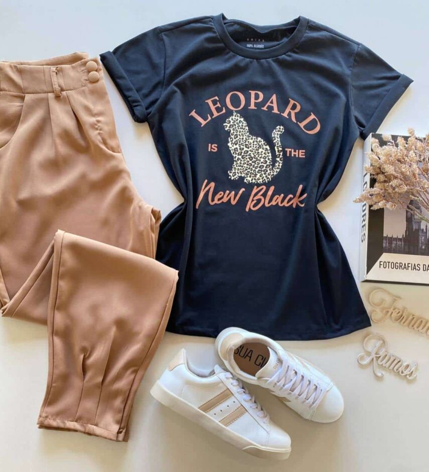 T-shirt Manga Curta Feminina Leopard Animal Print Preta - Fernanda Ramos Store