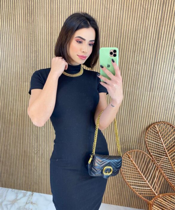 Vestido Curto Manga Curta Canelado Manuela Preto - Fernanda Ramos Store