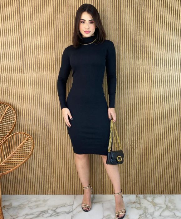 Vestido canelado best sale manga longa preto