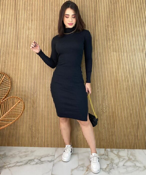 Vestido Curto Manga Longa Canelado Maitê Preto - Fernanda Ramos Store