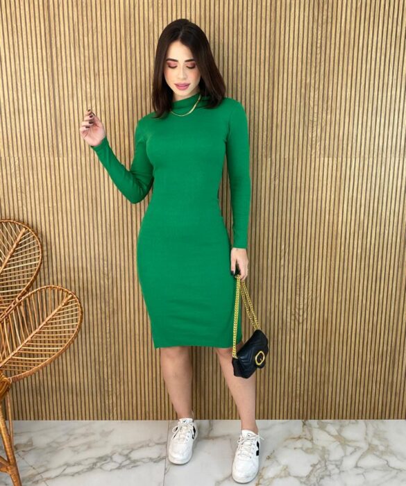 Vestido Curto Manga Longa Canelado Maitê Verde - Fernanda Ramos Store