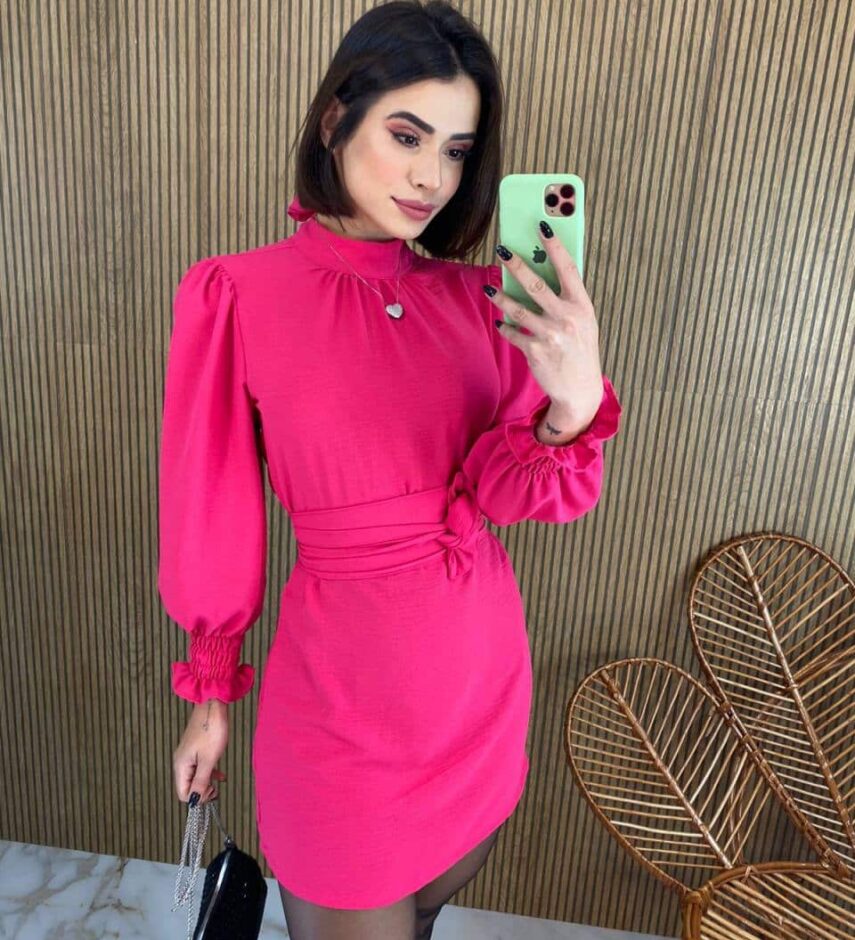 Vestido Curto Manga Longa com Amarração Lívia Pink - Fernanda Ramos Store