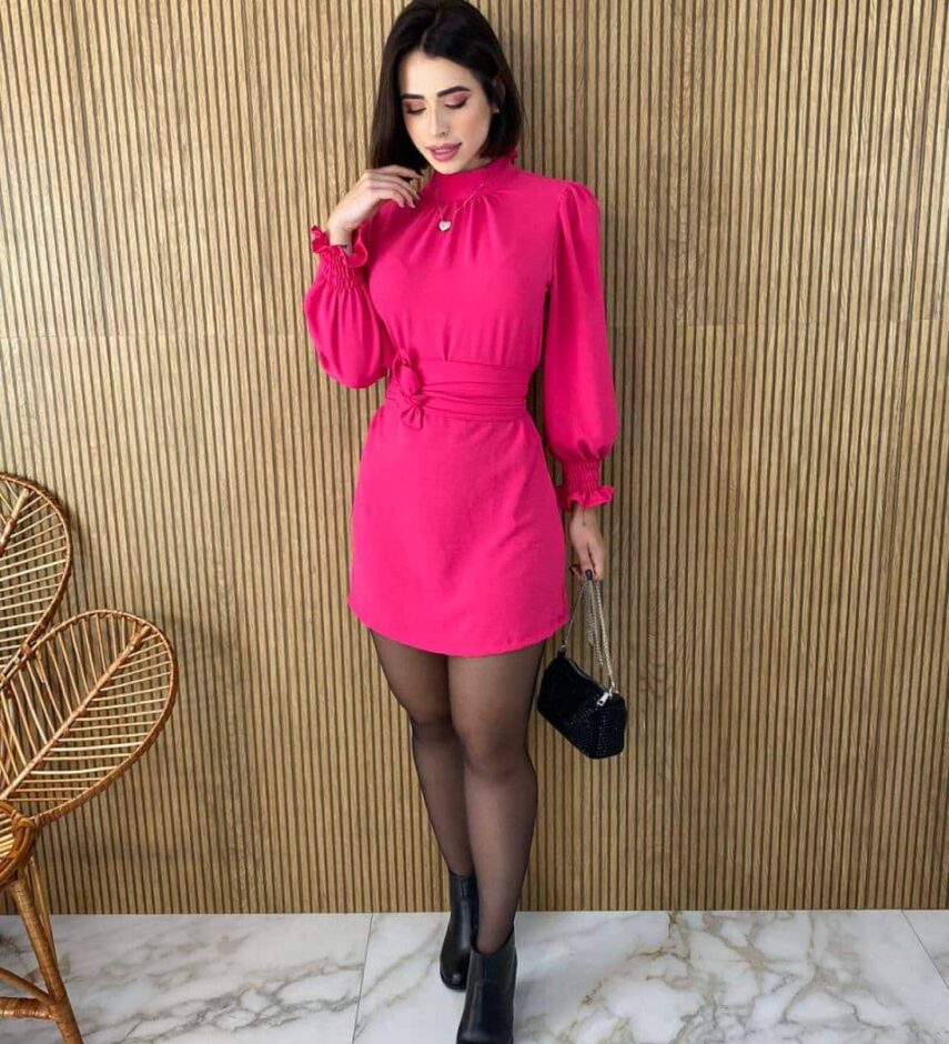 Vestido Curto Manga Longa com Amarração Lívia Pink - Fernanda Ramos Store