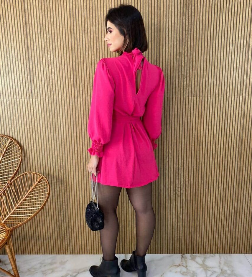 Vestido Curto Manga Longa com Amarração Lívia Pink - Fernanda Ramos Store