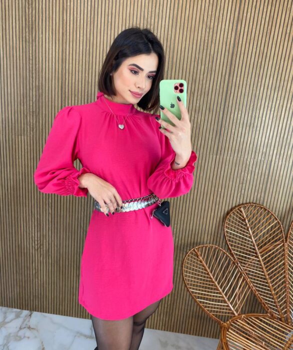 Vestido Curto Manga Longa com Amarração Lívia Pink - Fernanda Ramos Store