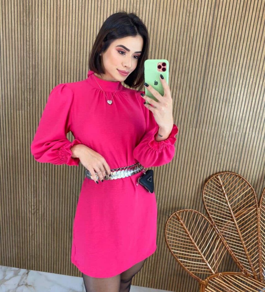 Vestido Curto Manga Longa com Amarração Lívia Pink - Fernanda Ramos Store