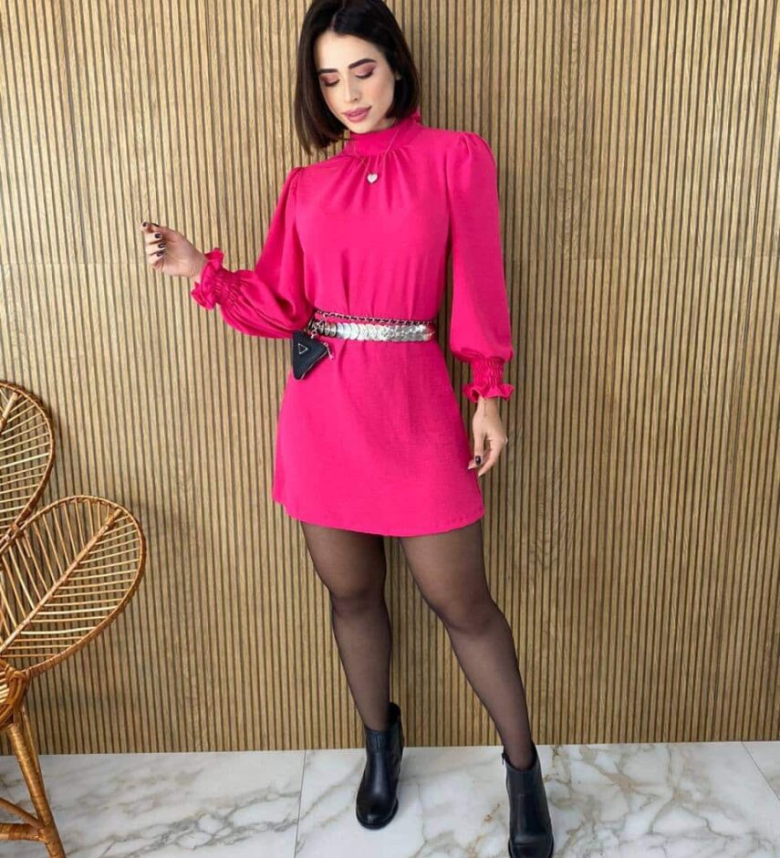 Vestido Curto Manga Longa com Amarração Lívia Pink - Fernanda Ramos Store