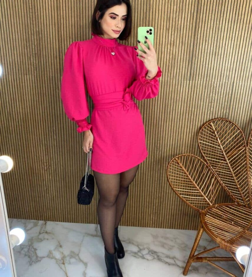 Vestido Curto Manga Longa com Amarração Lívia Pink - Fernanda Ramos Store