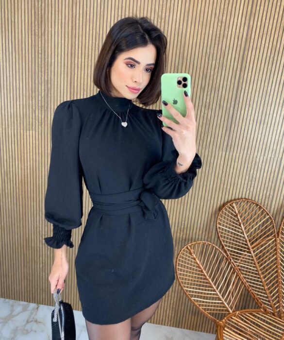 Vestido Curto Manga Longa com Amarração Lívia Preto - Fernanda Ramos Store