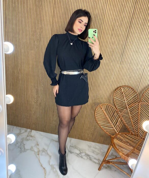 Vestido Curto Manga Longa com Amarração Lívia Preto - Fernanda Ramos Store