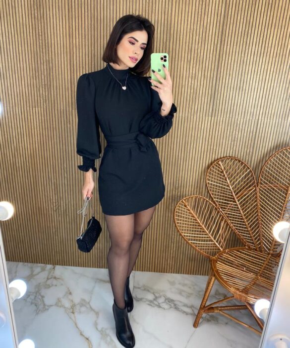 Vestido Curto Manga Longa com Amarração Lívia Preto - Fernanda Ramos Store