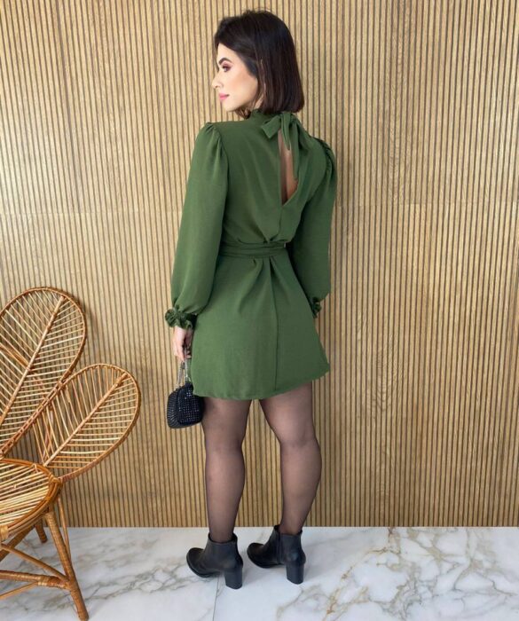 Vestido Curto Manga Longa com Amarração Lívia Verde Militar - Fernanda Ramos Store