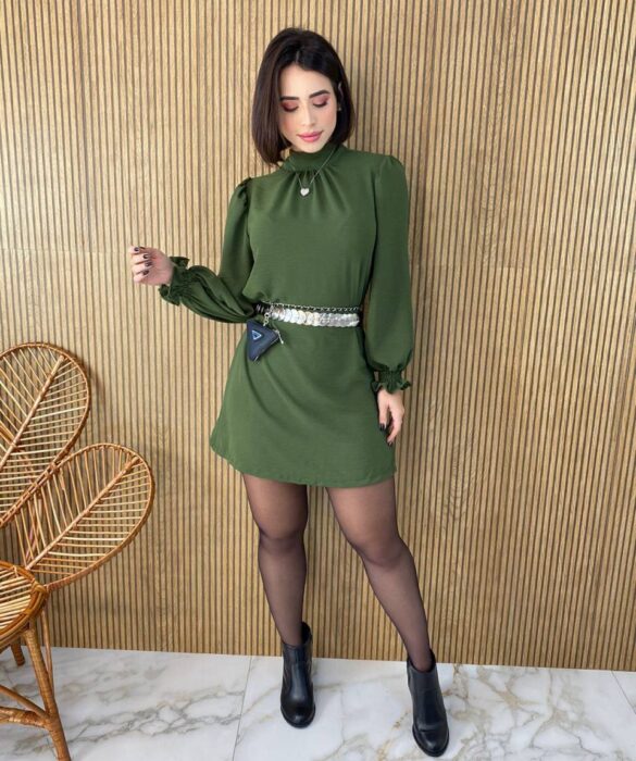 Vestido Curto Manga Longa com Amarração Lívia Verde Militar - Fernanda Ramos Store