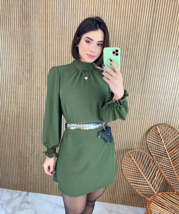 Vestido Curto Manga Longa com Amarração Lívia Verde Militar - Fernanda Ramos Store