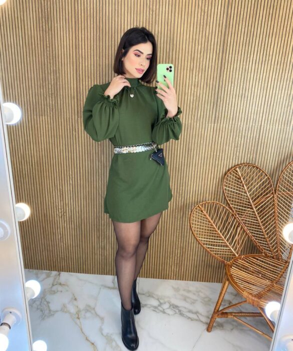 Vestido Curto Manga Longa com Amarração Lívia Verde Militar - Fernanda Ramos Store