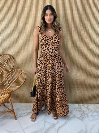 Vestido Longo com Bojo Alça com Babado Ayla Animal Print - Fernanda Ramos Store