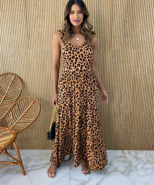 Vestido Longo com Bojo Alça com Babado Ayla Animal Print - Fernanda Ramos Store