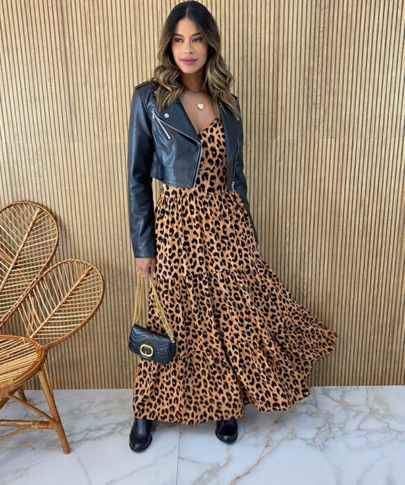 Vestido Longo com Bojo Alça com Babado Ayla Animal Print - Fernanda Ramos Store