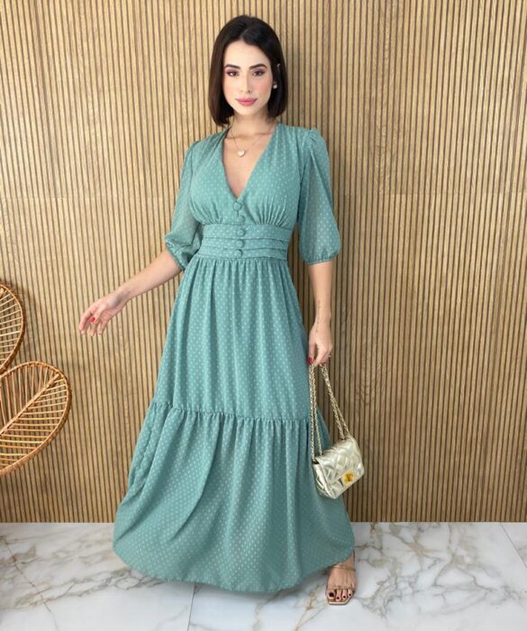 Vestido Longo com Bojo Manga 3/4 com Relevo Verde Oliva - Fernanda Ramos Store