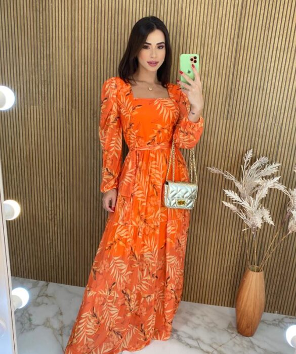 Vestido Longo com Bojo Tule Manga Longa com Faixa Laranja - Fernanda Ramos Store