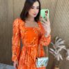 Vestido Longo com Bojo Tule Manga Longa com Faixa Laranja - Fernanda Ramos Store